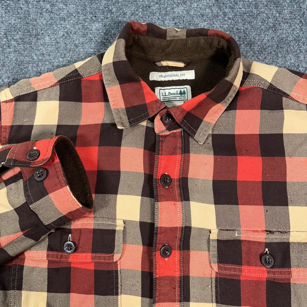 LL Bean Fleece Lined Flannel Shirt Jacket Mens M‎ Traditional Fit Plaid Chore